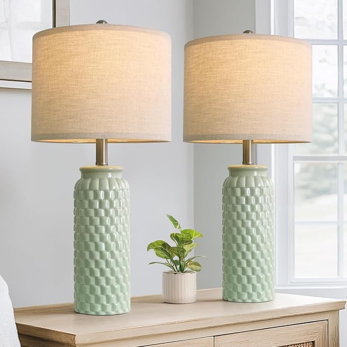 USumkky 24" Modern Ceramic Green Bedside Lamp Set of 2 Table Lamp for Bedroom Decor Farmhouse Table Lamp for Living Room Office Dorm