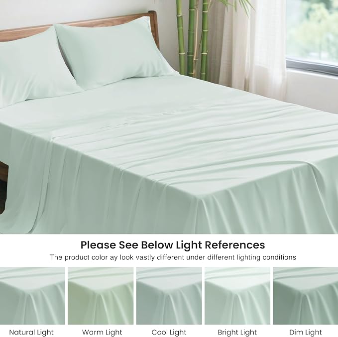 Love's cabin 4 Piece Queen Sheet Set, 100% Rayon Derived from Bamboo, Cooling & Breathable, Soft Silky Deep Pocket up to 16", Hotel Luxury Bedding for Hot Sleepers, Sea Glass