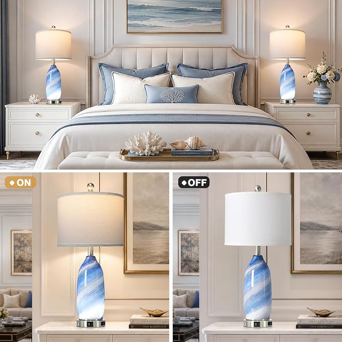 Rinweey 26" Grey-Blue Glass Table Lamps Set of 2,Coastal Lamps Nautical lamp with USB A+C Ports & AC Outlet,Bedside Lamps with 3-Way Dimmable-Night Light for Bedroom Living Room,Grey-Blue