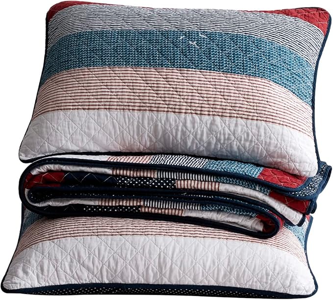 Chezmoi Collection Harlon 3-Piece Modern Patchwork Striped Quilt Set - Solid Polka Dot Candy Stripe Coverlet - Pre-Washed Cotton Lightweight Reversible Bedspread, King Size