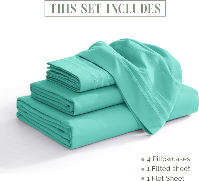 Elegant Comfort Luxurious 1500 Premium Hotel Quality Microfiber Three Line Embroidered Softest 4-Piece Bed Sheet Set, Wrinkle and Fade Resistant, King, Paradise Teal