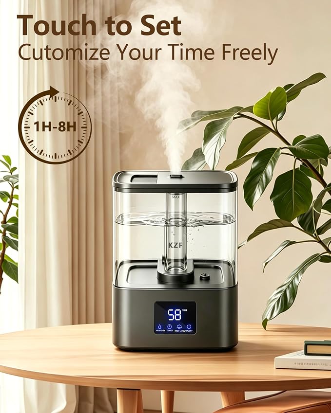 KZF 4L Top Fill Humidifiers for Bedroom & 40H Runtime - Cool Mist Humidifier, 3 Mist Levels, 8H Timer, Essential Oil Tray, Humidity Display, Quiet for Baby, Plants, Large Room (Black, 4L)