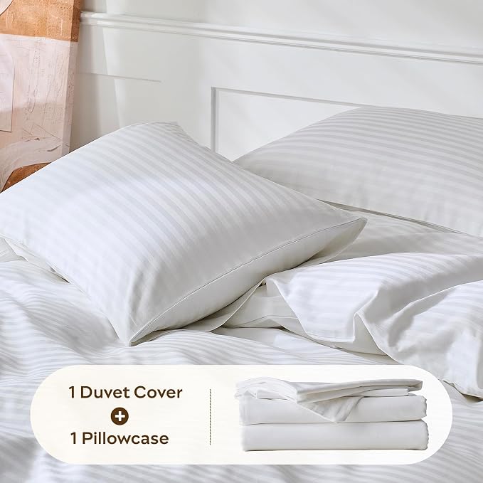 JELLYMONI 100% Cotton Sateen Striped Twin Duvet Cover Set, White | Breathable Softness, Oeko-Tex Certified, Classic Stripes, 8 Corner Ties & Double Hidden Zipper