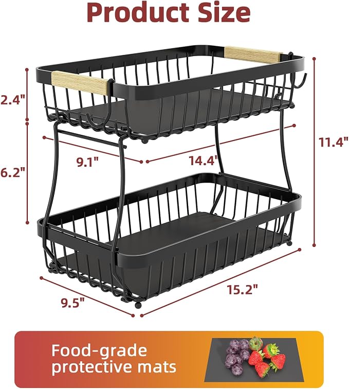 Sevenblue 2-Tier Fruit Basket with Banana Hangers, Detachable Metal Bowl | Wooden handle, protective mats included. Versatile holder for bread, snacks, and veggies. Extra Large 2 tier metal design.