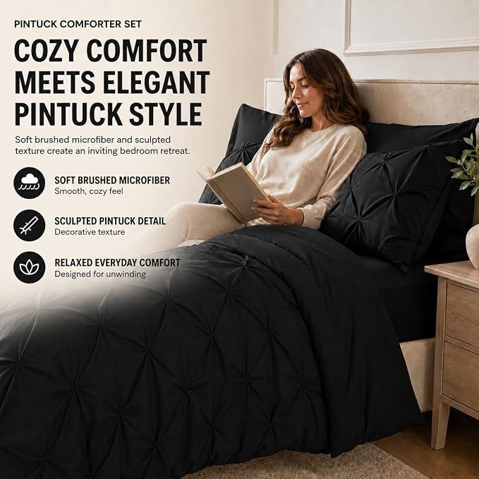 HIMEET Oversized Queen Comforter Set Black - 7 Pieces Pintuck Bed in a Bag | OEKO-TEX Certified, 240GSM Down Alternative Comforter, 14" Deep Pocket Fitted Sheet + Flat Sheet + 2 Pillowcases + 2 Shams