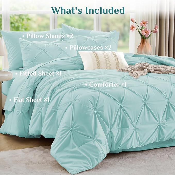 JOLLYVOGUE King Size Comforter Set 7 Pieces - Bed in a Bag King for All Season, Pintuck Bedding Comforter Sets with Comforter, Flat Sheet, Fitted Sheet and Pillowcases & Shams, Lake Blue