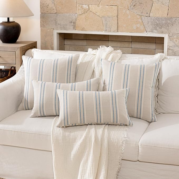 Hckot Stripe Throw Pillow Covers 12x24 Lumbar Lake Blue Pillow Covers | Farmhouse Decorative Pillows Textured Cushion Covers for Sofa Couch Bed Living Room Decor