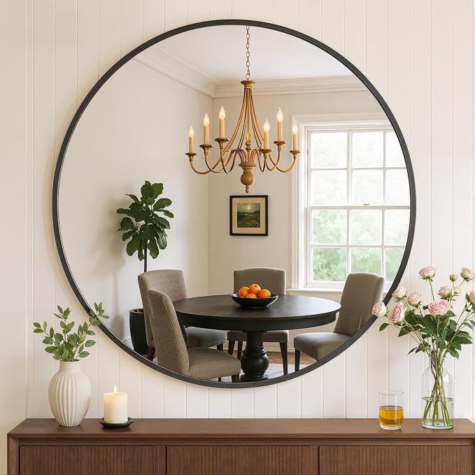 Bathroom Mirror for Wall, 20 Inch Round Mirror, Matte Black Metal Framed Circle Vanity Mirrors for Bathroom Bedroom Living Room Entryway, Anti-Rust, Tempered Glass, Hanging or Leaning