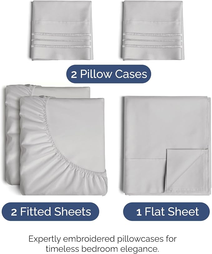Split King Size 5 Piece Sheet Set - Breathable & Cooling - French Grey | Hotel Luxury Bed Sheets for Women & Men, Deep Pockets, Easy-Fit, Comfy, Soft and Wrinkle Free Sheets, Oeko-Tex Bed Sheet Set