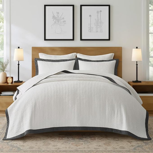 EVERGRACEHOME Border Frame Cotton Quilt Bedding Set, King, Washed Black | Border Frame Cotton Quilt, Tack-Stitch Bedding Set, Oversized Lightweight Bedspread Coverlet, for All Season, with 2 Shams