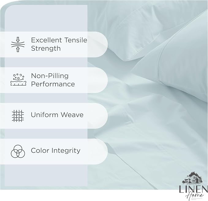 Linen Home 100% Cotton Percale Sheets King Size, Blue Duck Egg, Deep Pocket, 4 Pieces Set - 1 Flat, 1 Deep Pocket Fitted Sheet and 2 Pillowcases, Crisp Cool and Strong Bed Linen