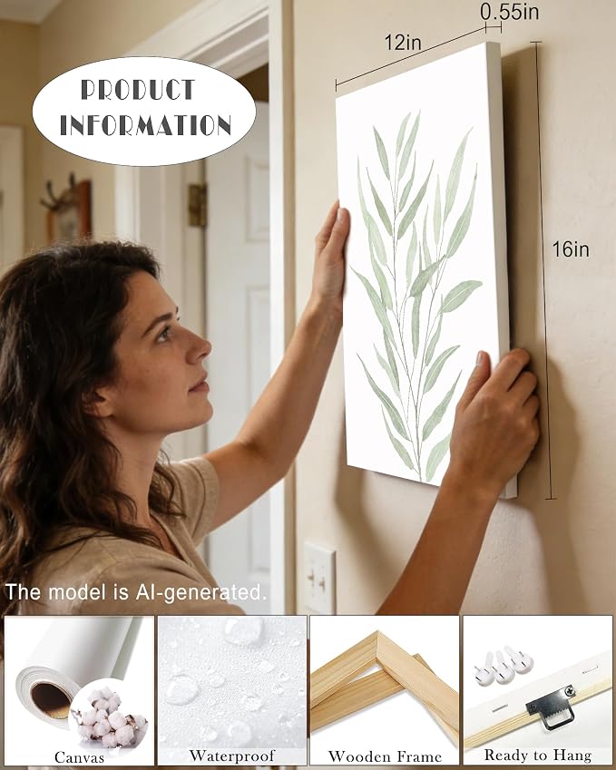 Drsoum Botanical Plant Framed Wall Art Boho Wall Decor for Bathroom Sage Green Eucalyptus Leaf Prints Minimalist Aesthetic Ready to Hang Set of 4, 12x16 in (Framed)