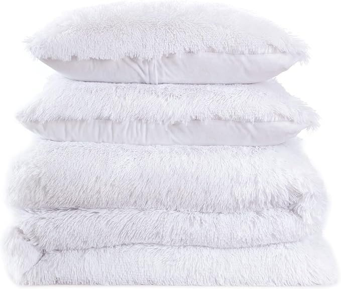King Luxury Faux Fur Comforter Set - Soft & Breathable 7-Piece Bedding Collection - 1 Comforter, 1 Fitted Sheet, 1 Flat, 2 Pillowcases, 2 Pillow Shams - Deep Pocket - Premium Quality, White