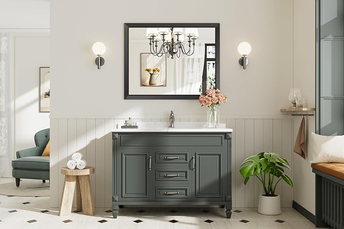 Black Metal Framed Bathroom Wall Mirror, 40x32 Inch | Anti-rust, HD tempered glass, for bathroom vanity, bedroom, living room, horizontal or vertical mount