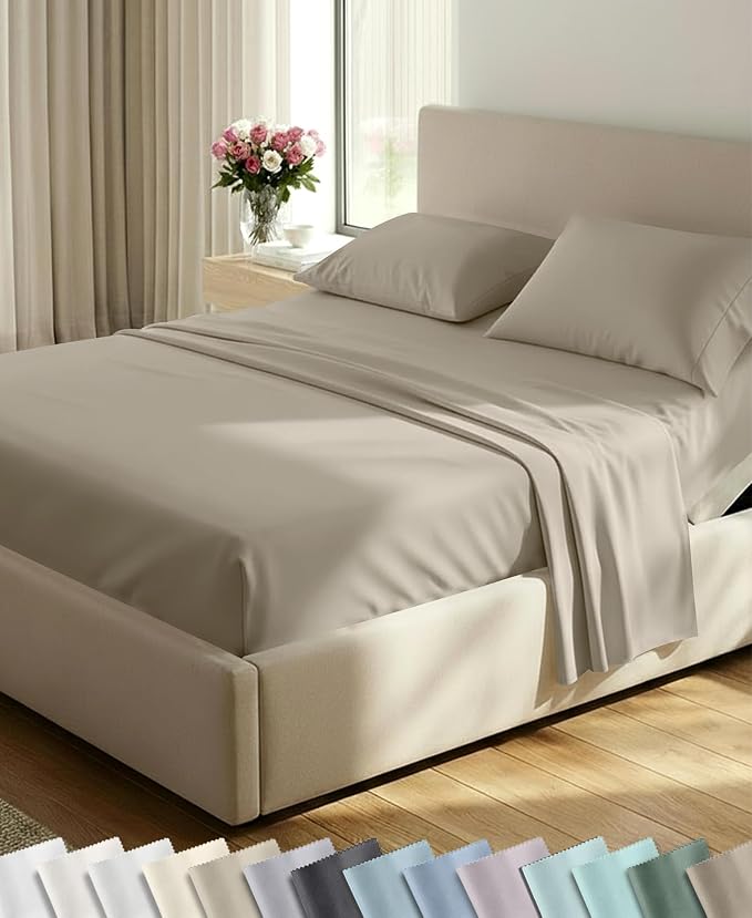 California Design Den 600 Thread Count Split King Sheets, 5 Pcs, Cool Taupe | 100% Cotton Sateen, Good Housekeeping Seal, Split King Sheets Sets for Adjustable Bed with 2 Separate Twin-XL Mattresses