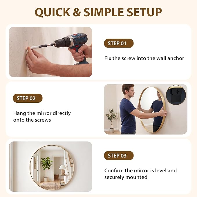 Sweetcrispy 24 Inch Round Bathroom Wall Mirror, Circle Vanity Mirror | Matte Metal Frame Mirrors fo over Sink, Home Decor, Living Room, Bedroom Hang Mount, Gold