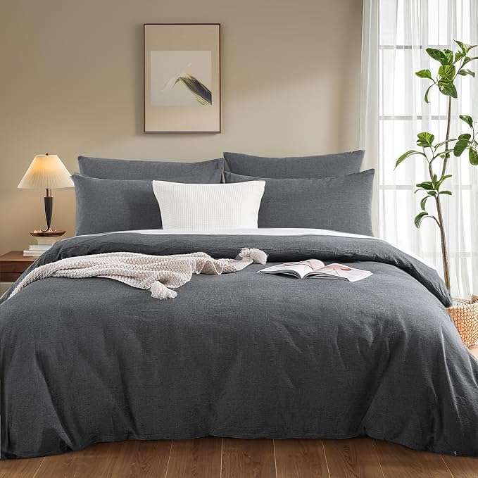 NEXHOME PRO Duvet Cover Set Linen Feel Textured Organic Natural 100% Washed Cotton Duvet Cover Bedding Set with Zipper Closure, Breathable(No Comforter)