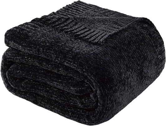 Black Throw Blanket for Couch, Soft Woven Chenille Throw Blanket 51"x67" | Shiny Chenille Blanket, Cozy Cable Knit Throw Blanket for Bed Sofa Home Decor