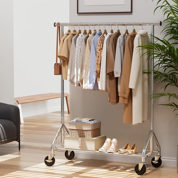 HYSEYY Clothes Rack, Rolling Clothing Rack for Hanging Clothes Load 380 LBS Portable Garment Rack with Sturdy Wheels, Metal Coat Rack Wardrobe Closet for Bedroom Laundry living Room, Silver