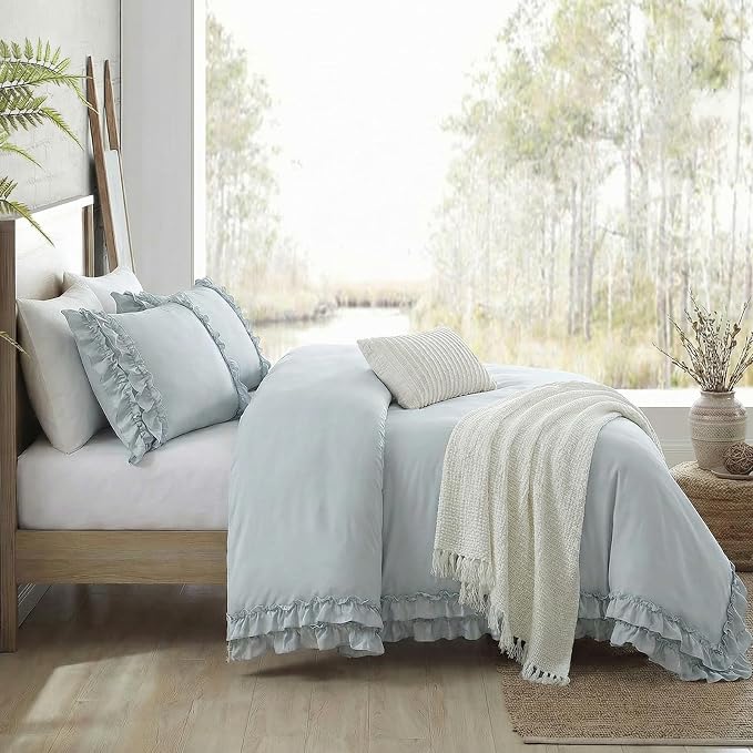 Bedrom Ruffled King Duvet Cover Set Blue Grey Bedding Set Shabby Chic Light Gray Boho Bedding Super Soft Lightweight Farmhouse Ruffle Duvet Cover Set for All Season