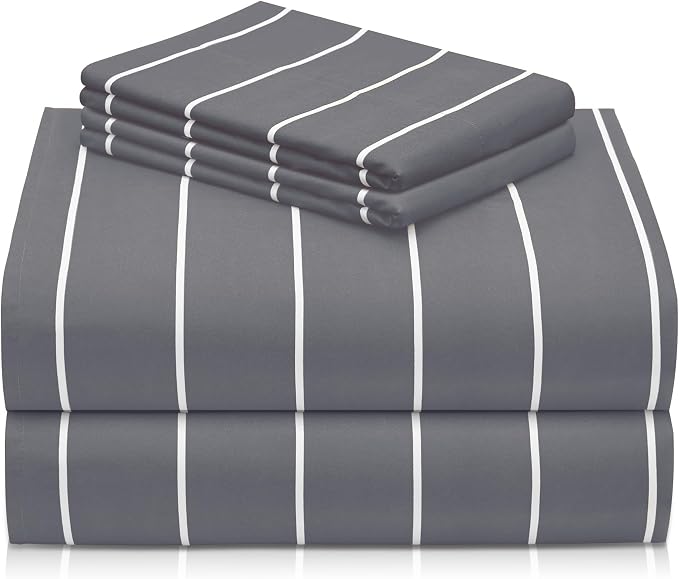 LuxClub 4 PC King Size Sheet Set, Breathable Luxury Bed Sheets, Deep Pockets 18" Wrinkle Free Cooling Machine Washable Hotel Bedding (Striped Light Grey) | LuxClub Silky Fitted Sheet & Pillowcase Sets, Breathable Hotel Luxury Bedding for Mattress Wrink...