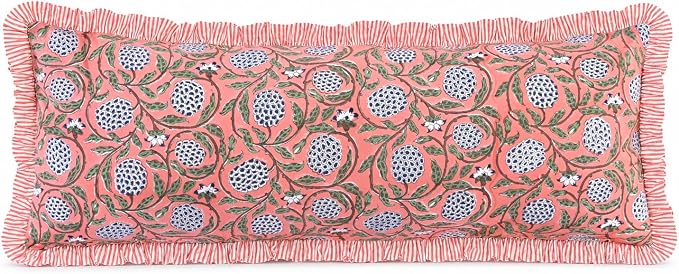 Ridhi Block Print Dark Salmon Pink Ruffle Lumbar Pillow Shams, 36" x 14" | 100% cotton, Floral Pillowcase, Cushion Cover, Hidden Zipper, Cottagecore Bedding, farmhouse boho style, fits couch, sofa,Bed