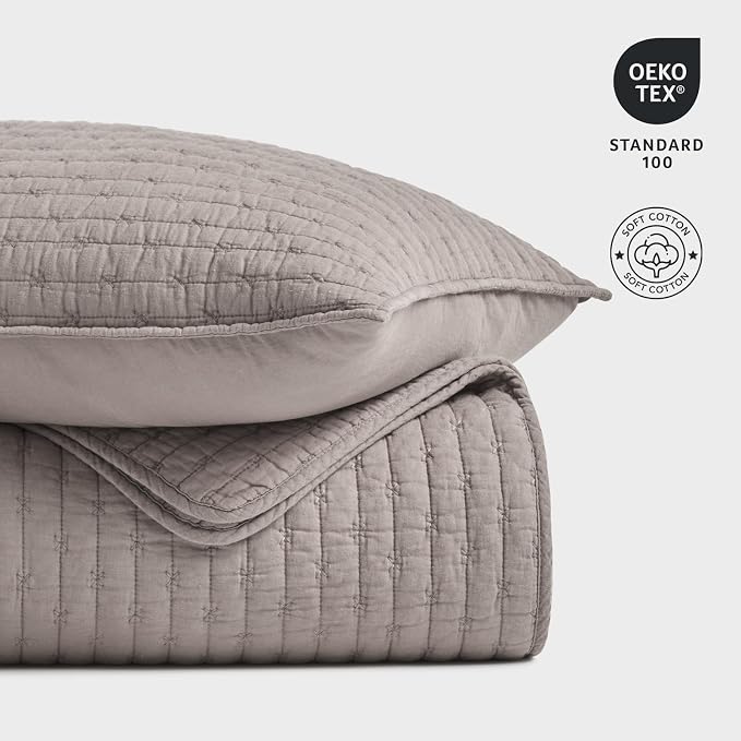 100% Cotton Cross Stitch 3-Piece Quilt Set, King, Taupe | 100% Cotton, Elegant Cross Stitch, Soft & Breathable, Prewashed Softness, Oversized Design, OEKO-TEX® Certified