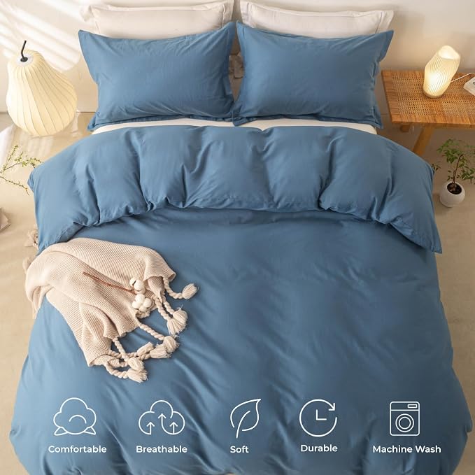OAITE Duvet Cover Set 100% Washed Cotton Solid 3pcs | Soft,Durable,Long-staple Cotton,Hidden Zipper with 8 Interior Corner Ties,2 Pillowcases