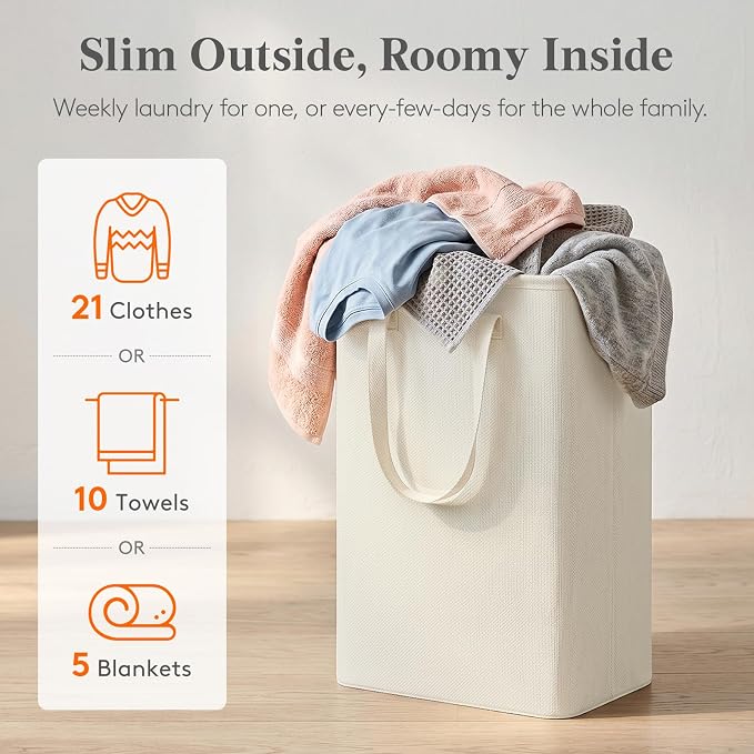 Lifewit Slim Collapsible Laundry Basket with Handles, 50L, Ivory | Narrow Laundry Hamper for Dirty Clothes, Tall Thin Laundry Bin, Small Clothes Hamper for Bathroom, Bedroom, RV, Dorm