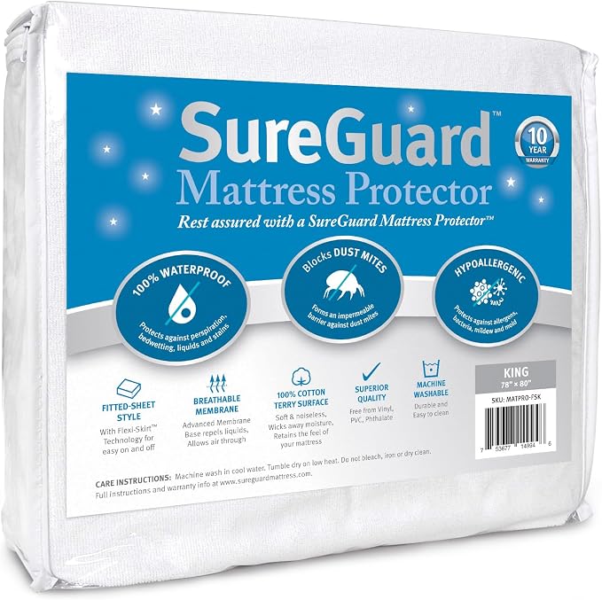 SureGuard King Size Mattress Protector - 100% Waterproof, Hypoallergenic - Premium Fitted Cotton Terry Cover | Soft Noiseless Breathable Hypoallergenic Washable Mattress Pad, Stretchable Pockets fit Bed 6-20" Deep (Cotton Terry)