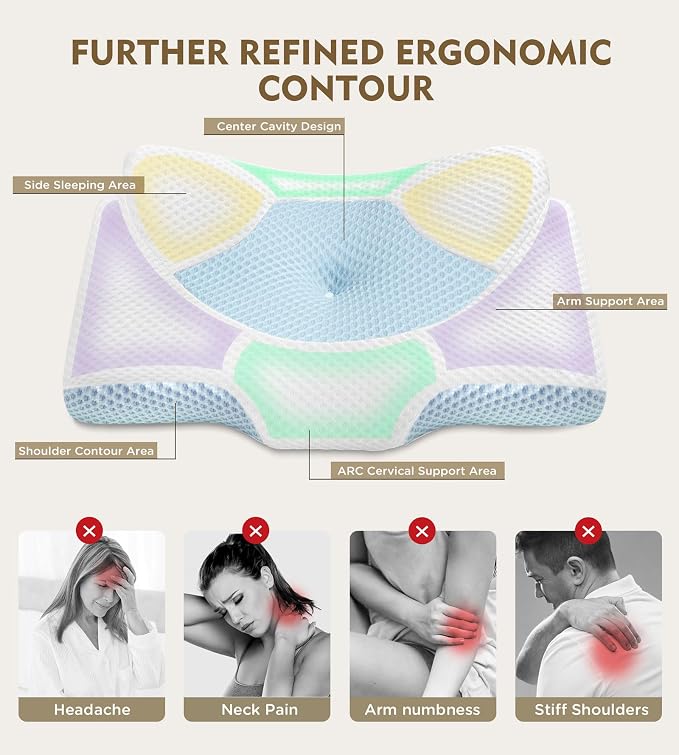 Cervical Pillow for Neck Pain Relief, Hollow Design Odorless Memory Foam Pillows with Cooling Case, Adjustable Orthopedic Bed Pillow for Sleeping, Support for Side Back Sleepers