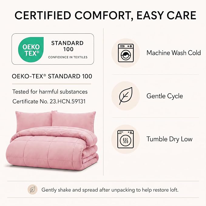Full Size Comforter Sets Pink - 7 Pieces Bed in a Bag | OEKO-TEX Certified, All-Season, Bedroom, Guest Room, Down-Alternative Comforter + Flat & Fitted Sheets + 4 Pillowcases