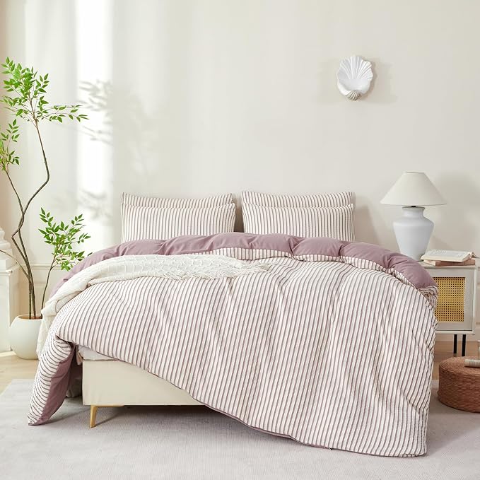Comforter Set King Purple Soft Luxury Washed Microfiber Jacquard 3 Pieces Bedding, White Grayish Purple Vertical Ticking Stripes Pattern Comforter with 2 Pillowcases Breathable Durable Comfy