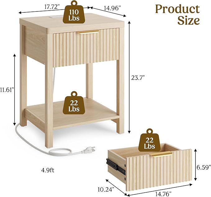 Night Stand Set 1, Fluted Wood Bedside Table w/Socket Station for Bedroom | Natural, Storage Drawer, Open Shelf, Metal Silent Rails, Round Corners, Modern Fluted Panel, Living Room, Bedside Table