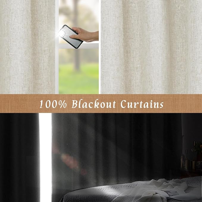 Short Linen Blackout Curtains 48 Inch Length 2 Panels, 34 x 48 Inch | Stone, Linen Textured, Thermal, Curtains for Bedroom, Kitchen, Bathroom, Rod Pocket Back Tab Panels, with White Liner