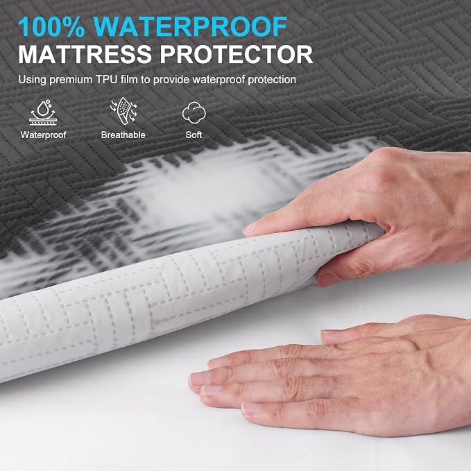 Waterproof King Size Mattress Protector with Deep Pockets, Gray | Breathable Noiseless Soft Fitted Bed Cover, Fits 8"-21" Deep Mattresses, Pet & Urine Resistant, Machine Washable