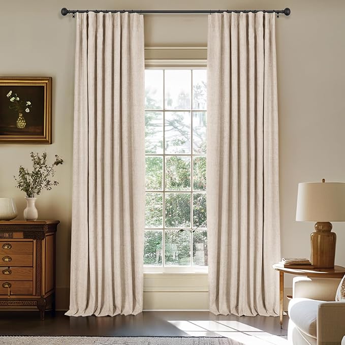 100% Blackout Curtains for Bedroom Oatmeal Linen Look Curtains 63 Inch Long | Black Out Curtains for Living Room 2 Panels, Clip Rings Blackout Drapes, Thermal Insulated Room Darkening, W50xL63