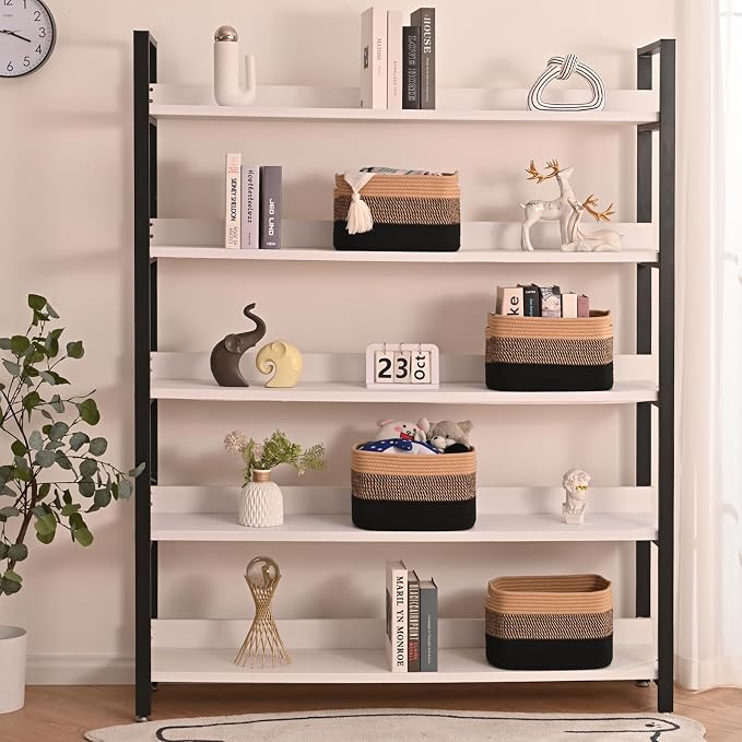 ICERZCZ Storage Baskets for Shelves Organizing, Woven Cotton Rope Baskets for Storage, Book Basket, Towel Basket, 12.5"Lx9.1''Wx7.9''H (4 Packs) Gradient Black & Jute