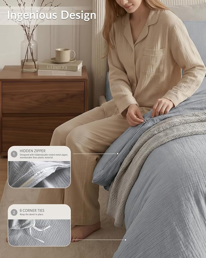 SE SOFTEXLY Muslin Duvet Cover Queen Size, 100% Washed Cotton Duvet Cover Set, Ultra Soft Comforter Cover Linen Like, 3 Pieces Minimalist Gauze Duvet Cover with 2 Pillowcases, 90"x90", Light Grey