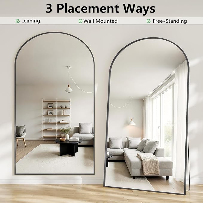 Oversized Full Body Mirror 41x81 inch Arched Full Length Mirror with Stand Aluminum Wall Mounted Hanging or Leaning Standing Mirrors, Black