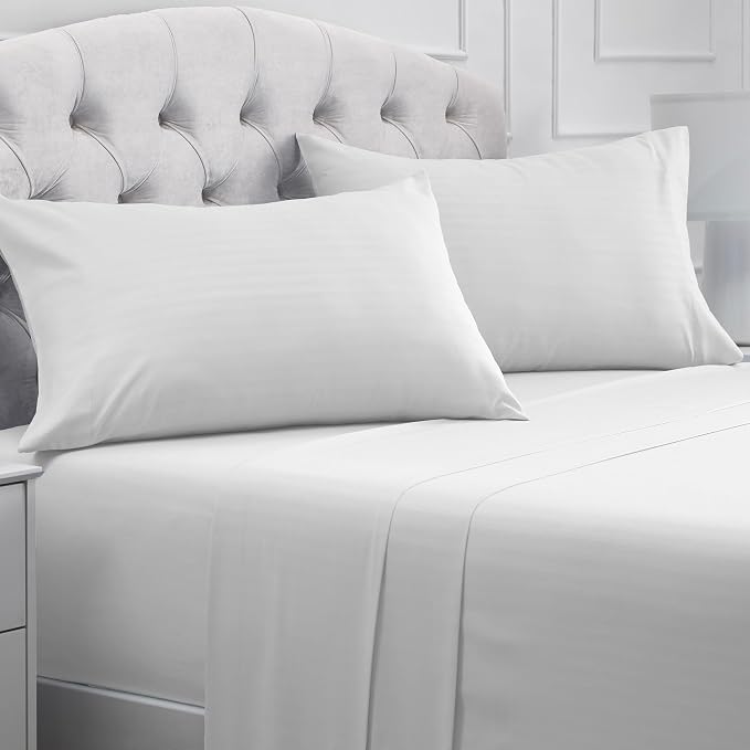 Mellanni Iconic 4-Piece Microfiber Sheet Set (Queen, Striped White) | Double-brushed softness; breathable comfort; 16-in deep pocket; machine washable; OEKO-TEX(R) certified; Lifetime Promise