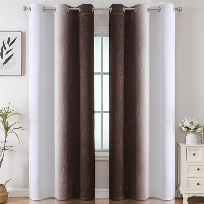 Brown and Greyish White Blackout Curtains 42Wx84L 2 Panels | Ombre Curtains for Bedroom,Thermal Insulated,Full Room Darkening,Energy Saving,Gradient Grommet Window Drapes for Living Room