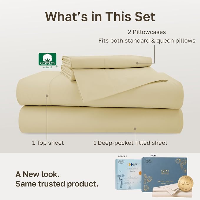 California Design Den 100% Cotton Sateen Full Size Sheets Set,Butter Almond | 500 Thread Count Backed by Good Housekeeping Seal, 16" Deep Pocket, All-Around Elastic, Durable, Easy Care - Butter Almond