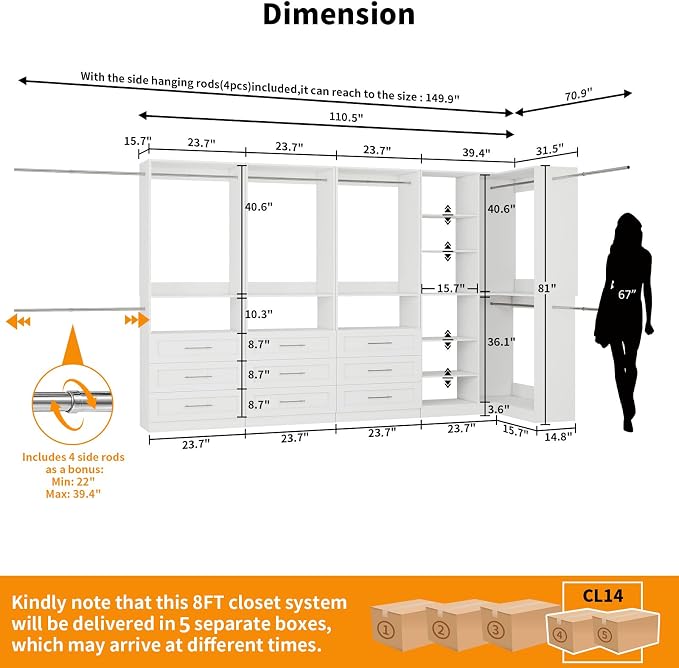 Closet System with 9 Drawers, Corner Closet Organizer Systems with 9 Shelves & 9 Hanging Rods L-Shaped Walk in Closet Freestanding Corner Tower Modular Storage System 4 Sets 2800+ Lbs Capacity White