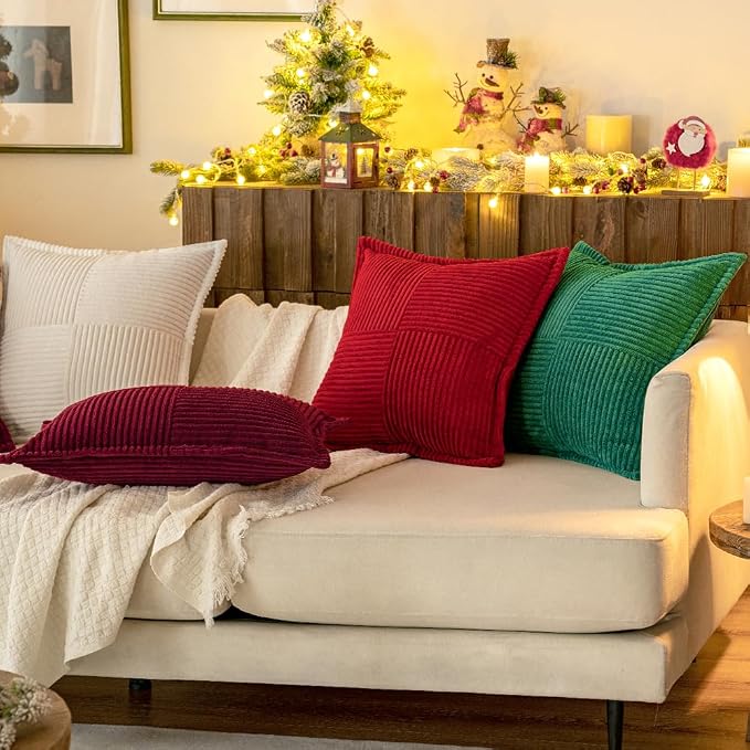 MIULEE Decorative Throw Pillow Covers for Couch 20x20 Inch White 2 Pack | Boho Broadside Striped Patchwork Pillow Covers, Soft Corduroy Cushion Cases, For Sofa Bed Livingroom Home Decor