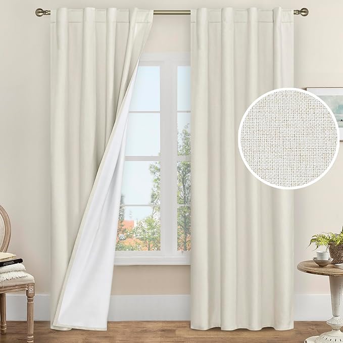 Ivory 100% Blackout Polyester Curtains 84 Inches Long, Polyester Living Room Farmhouse Curtains Full Room Darkening Back Tab and Rod Pocket Panels with White Liner, 2 Panels, 38 x 84 Inch | Full Room Darkening, Living Room, Farmhouse, Curtains for Bedr...
