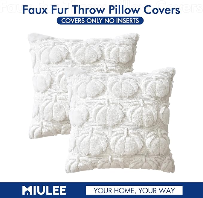MIULEE Fall Pillow Covers Pumpkin Fall Decor 16x16 Pure White | Set of 2 Fall Decorations for Home, Plush Faux Fur Farmhouse Accent Pillowcases, Porch Sofa Couch Cushion Bed Livingroom