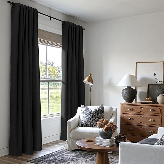 INOVADAY 100% Blackout Linen Curtains for Bedroom 50x63 Inches Black | Linen Textured, Light Blocking, Room Darkening, Thermal Insulated, Back Tab Top, Window Curtains for Living Room, 2 Panels