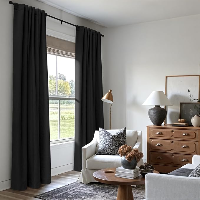 INOVADAY 100% Blackout Linen Curtains for Bedroom 50x102 Inches Black | Linen Textured, Light Blocking, Room Darkening, Thermal Insulated, Back Tab Top, Window Curtains for Living Room, 2 Panels