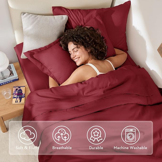 5 Pieces Twin XL Comforter Set, Soft Bed in a Bag Twin XL Size, All Season Bedding Set with Comforter, Flat Sheet, Fitted Sheet, Pillowcases & Shams, Burgundy Red